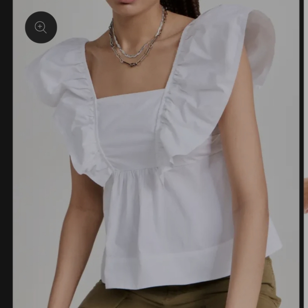 Ganni White Ruffled Smocked Blouse 100% Cotton Organic Size 44.